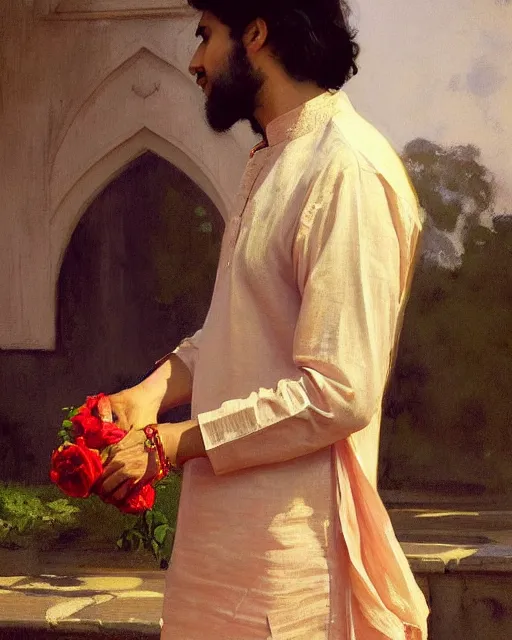 Image similar to a guy in a kurta waiting for his love to come, holding roses, art by greg rutkowski, gustave courbet, rosa bonheur, edward hopper. faithfully depicted facial expression, perfect anatomy, sharp focus, global illumination, radiant light, detailed and intricate environment, trending on artstation