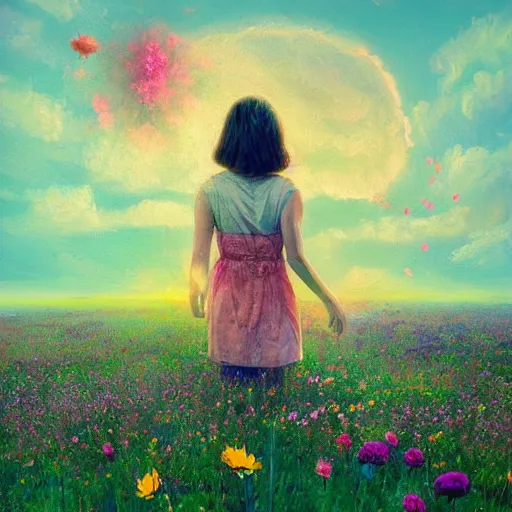 Image similar to girl with an blooming flower for a face, surreal photography, dream, standing in flower field, magical, in a valley, sunrise dramatic light, impressionist painting, colorful clouds, artstation, simon stalenhag, exploding flower face