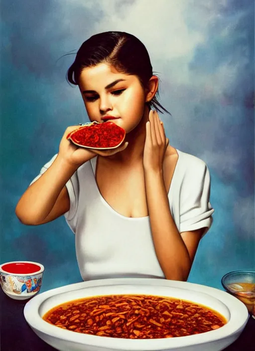 Prompt: ultrawide angle colour portrait masterpiece photography of selena gomez eating a bowl of chili shot by annie leibovitz michael cheval miho hirano moebius josh kirb