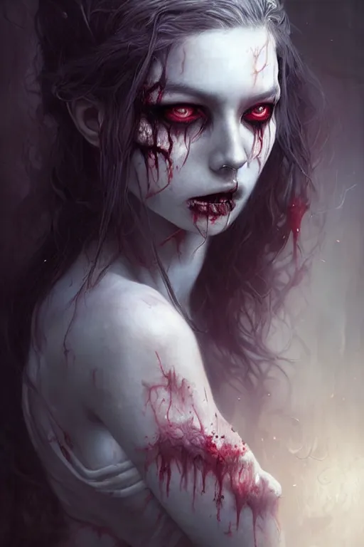 Image similar to a hauntingly beautiful zombie girl, painted by artgerm and tom bagshaw, fantasy art, dramatic lighting, highly detailed digital art