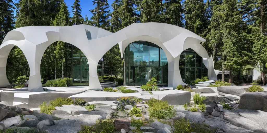 Image similar to residence in the style of seattle's pacific science center, white crisscrossing arches, fountains