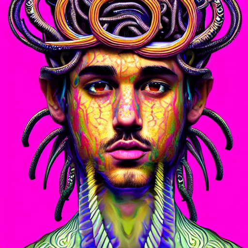 Prompt: an extremely psychedelic portrait of jusyin bieber as medusa, surreal, lsd, face, detailed, intricate, elegant, lithe, highly detailed, digital painting, artstation, concept art, smooth, sharp focus, illustration