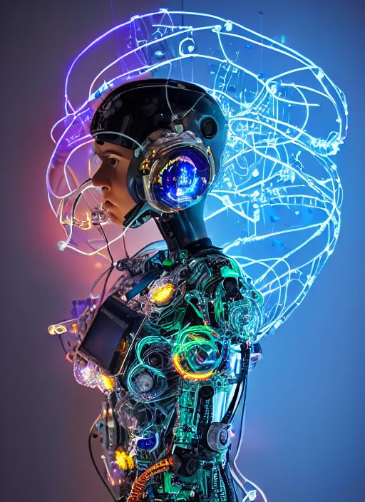 Image similar to intricate cyborg pilot girl with electromechanical robot parts, growing from electronic wall, connected made of and covered with many colorful wires, featuring beautiful detailed machined crystal eyes glowing with nebula, background glowing game server powered by galaxies. backlit luminous shiny metallic