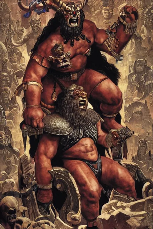 Image similar to hulking brute mayan demon on throne, by alex ross and jack kirby and sergey kolesov and jason fabok and lawrence alma tadema and norman rockwell and greg staples and rick berry and jeremy man