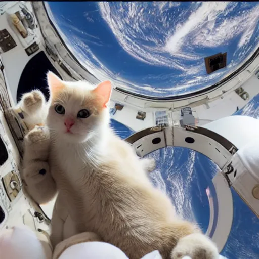 Prompt: Photo of cats floating inside the ISS