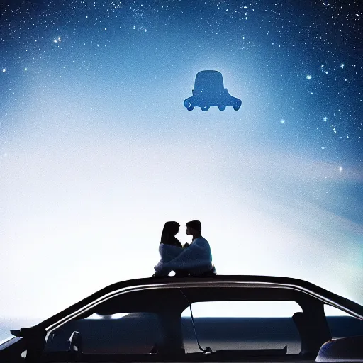 Image similar to couple on a car riding towards the moon, space, cinematic lighting, smooth, vintage, 8 0 s style