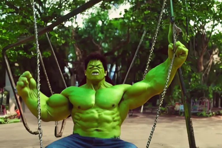 Image similar to hulk in a kid's swing at the children park, still shot from the new hulk movie, 4 k