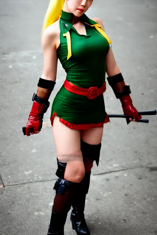 Image similar to cosplaying as cammy from street fighter, professional photo, trending on deviantart