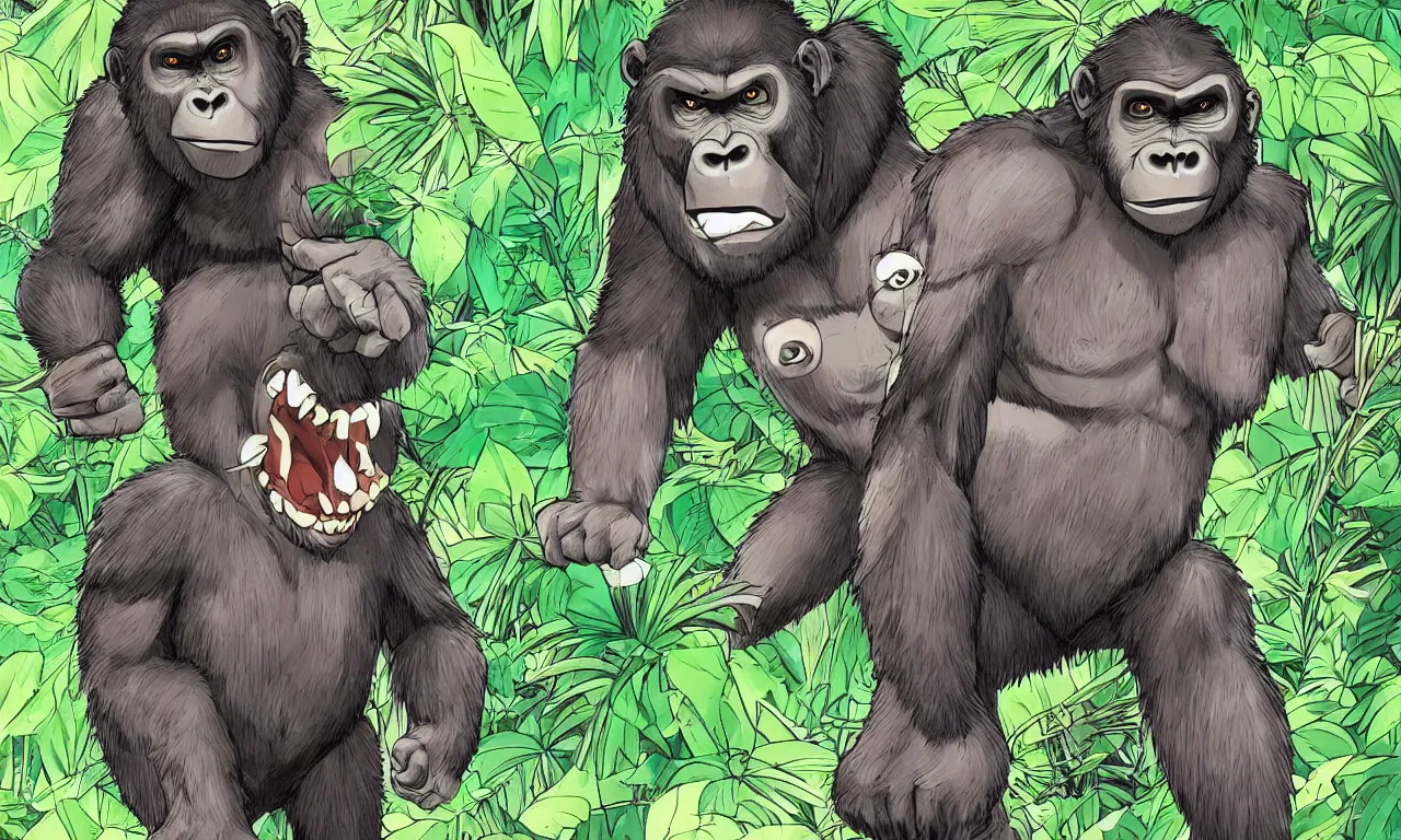Prompt: Anthropomorphic bipedal gorilla wearing a t-shirt and shorts, in the background is lush jungle, manga