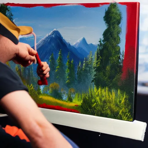 Image similar to a closeup photorealistic photograph of bob ross working on a canvas painting of spiderman. film still. brightly lit scene. mountains and trees. this 4 k hd image is trending on artstation, featured on behance, well - rendered, extra crisp, features intricate detail, epic composition and the style of unreal engine.