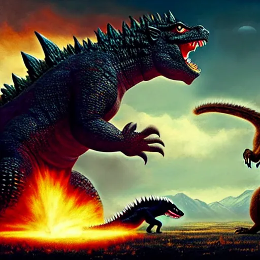 Image similar to godzilla fighting a giant muscular squirrel and a giant gay lizard in a field, 4 k, detailed, smooth lighting, art by greg rutkowski, intense lighting