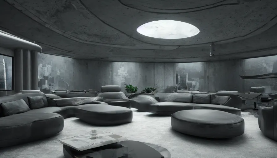 Prompt: a futuristic apartment interior in the style of a granite cavern, black leather couch, luxury, plants, pool, high ceiling, dark moody lighting, foggy atmosphere, 16mm lens, by craig mullins, octane rendering