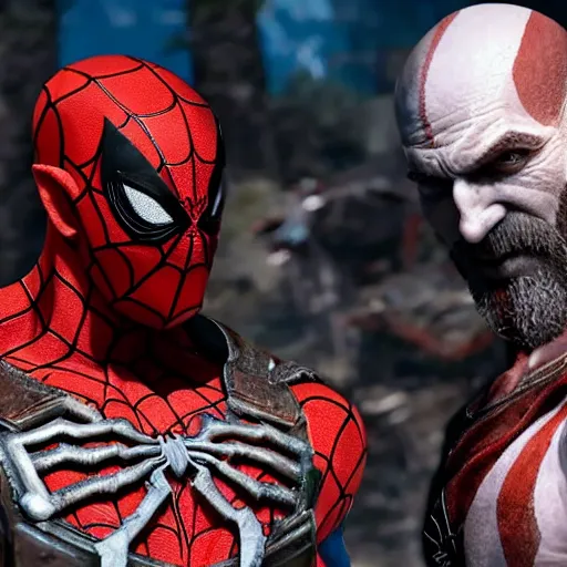 Image similar to screenshot of the game God of War with Kratos and Spiderman high fiving | Sony Pictures official media | Spiderman | Spiderman | Spiderman