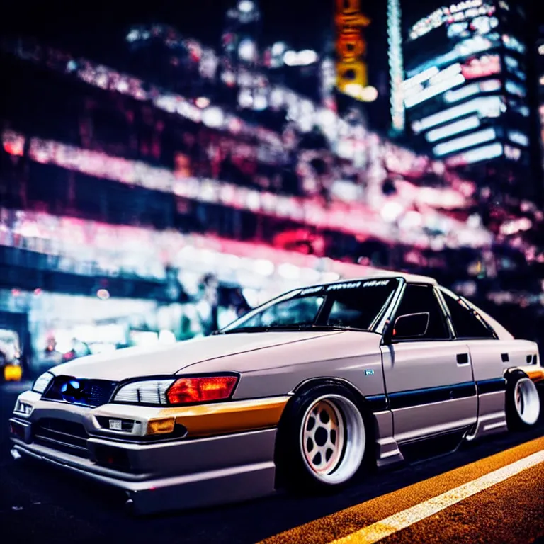 Image similar to close-up-photo Nissan Cefiro turbo illegal roadside meet photos, work-wheels, Shibuya Shibuya, cinematic colors, photorealistic, highly detailed, night photography