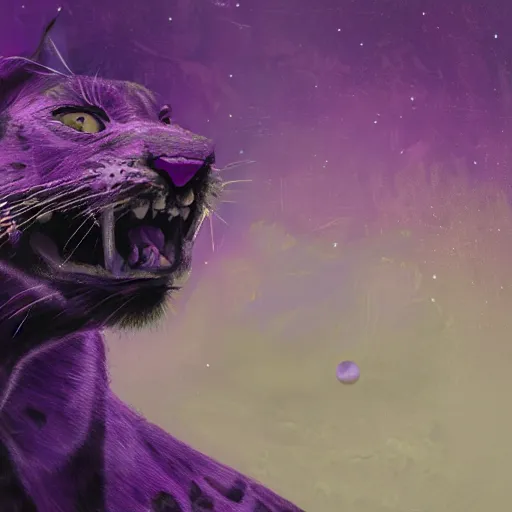 Prompt: closeup of a purple panther roaring at the moon in the forest. night. large moon in the center. z. a. b. cinematic. painting. concept art. rustic. gritty.