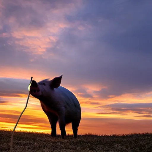 Prompt: a pig wearing a straw hat at blue hour, twilight, cool, award winning 4 k photo, twilight cool light