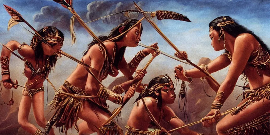 Image similar to movie, powerful beautiful aztec and Amazonian warrior female tribes attack each other,bows and arrows, spears, epic, vintage, Boris vallejo, sepia, apocalypto