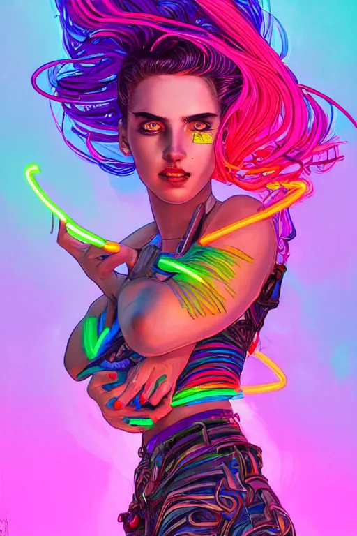 Image similar to a award winning portrait of a beautiful woman with stunning eyes in a one off shoulder croptop and cargo pants with rainbow colored hair, outlined by whirling illuminated neon lines and fine lines swirling in circles by jesper ejsing, digital art, trending on artstation