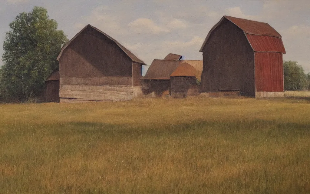 Prompt: a painting of an empty barn in summer, by peteris kalve, oil on canvas