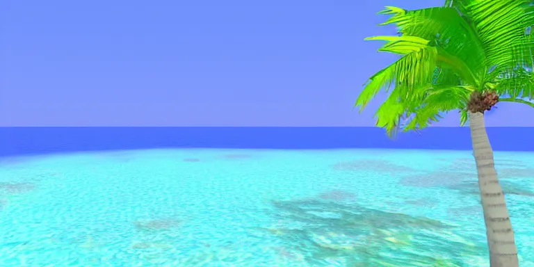 Image similar to A desert island paradise in 2000s 3D, crystal clear sea, screenshot