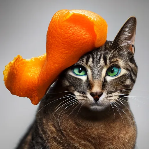 Image similar to photorealistic photograph of a cat wearing an orange peel as a hat by suzi eszterhas, fruit helmet, photorealism, photorealistic, realism, real, highly detailed, ultra detailed, detailed, f / 2. 8 l canon ef is lens, canon eos - 1 d mark ii, wildlife photographer of the year, pulitzer prize for photography, 8 k