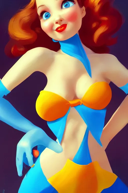 Image similar to a cute pixar character inspired by gil elvgren, vivid colors, high details, cinematic, 8k resolution, beautiful detailed, photorealistic, digital painting, artstation, concept art, smooth, sharp focus, illustration, fantasy background, artstation trending, octane render, unreal engine