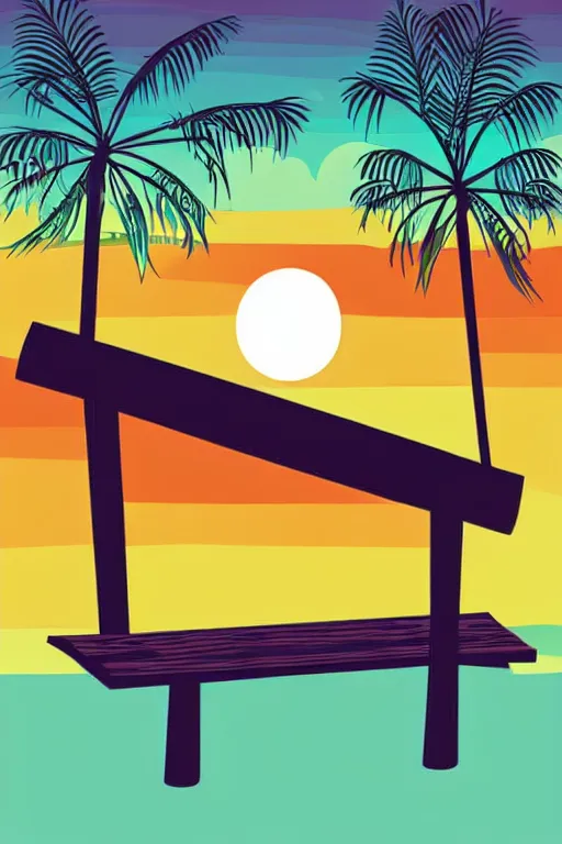 Prompt: minimalist boho style art of a colorful bench at sunset, illustration, vector art