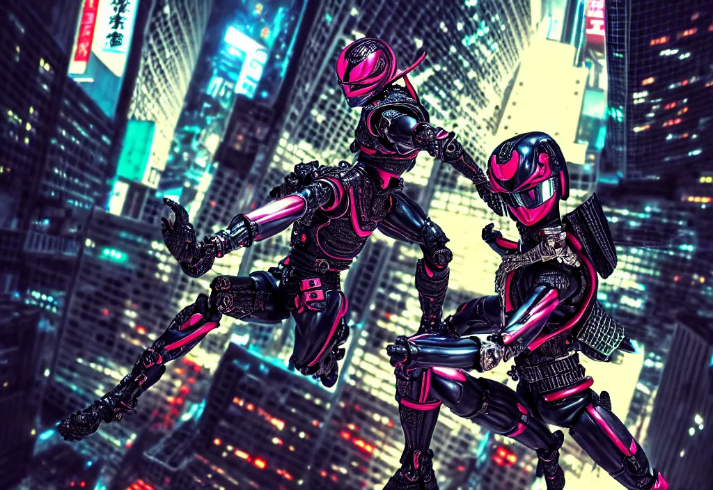 Image similar to kamen rider action pose, human structure concept art, human anatomy, full body hero, intricate detail, hyperrealistic art and illustration by lim haksu, a. k. a limha lekan a. k. a maxx soul, global illumination, blurry and sharp focus, on tokyo cyberpunk night rooftop, frostbite engine