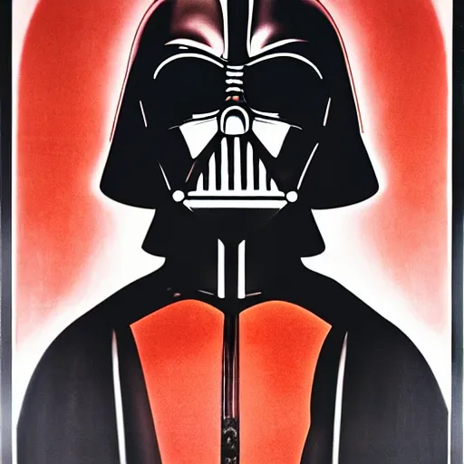 Image similar to A German Expressionist film poster of a face split between Darth Vader and Anakin Skywalker; two tone, black and red; photorealistic