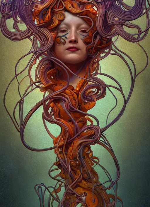 Image similar to medusa, subsurface scattering, wooden art nouveau swirls, strong subsurface scattering, cables, tubes, subsurface scattering, in the style of james jean and tomasz alen kopera and beeple, subsurface scattering, mystical colors, rim light, soft lighting, 8 k, stunning scene, raytracing, octane render, trending on artstation