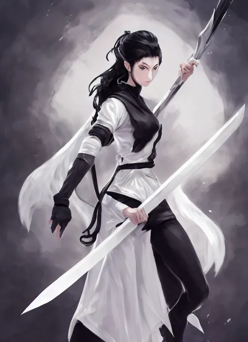 Prompt: a highly detailed illustration of fierce messy ponytail black haired one armed delinquent woman wearing long white tokkoufuku cape, dramatic wielding paper sword pose, intricate, elegant, highly detailed, centered, digital painting, artstation, concept art, smooth, sharp focus, league of legends concept art, wlop.