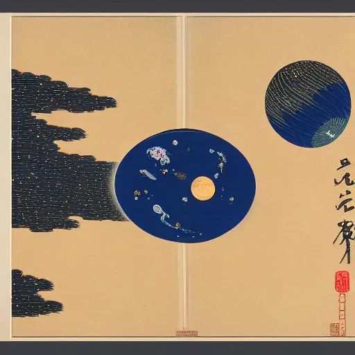 Image similar to A planet collision in the style of Ukiyo-e, explosions, outer space, aerial view