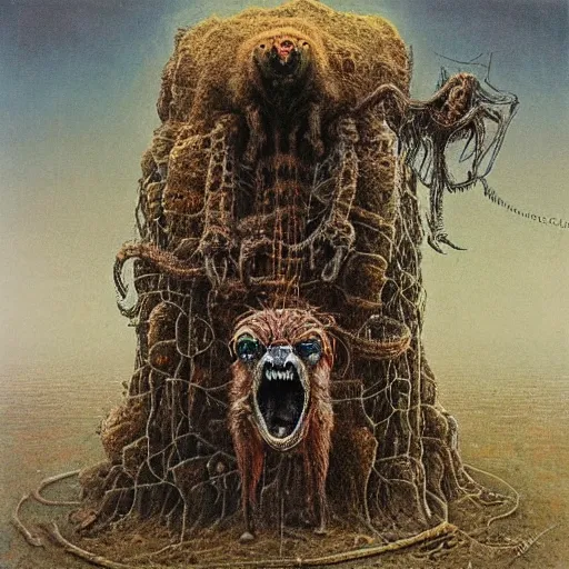 Prompt: tarantula morphed with hyena in sewer, long skinny legs and large fangs, sitting on web, highly detailed beksinski painting