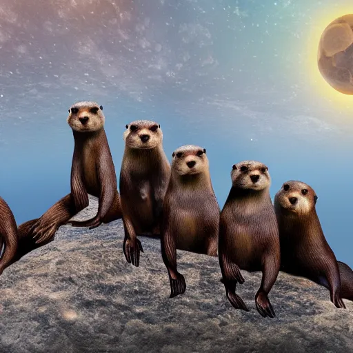 Prompt: a group of otters jumping on the moon, matte painting, concept art, detailed, 4k