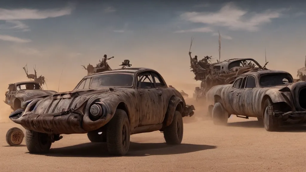 Image similar to pixar cars in mad max fury road, war boys, furiosa, imax