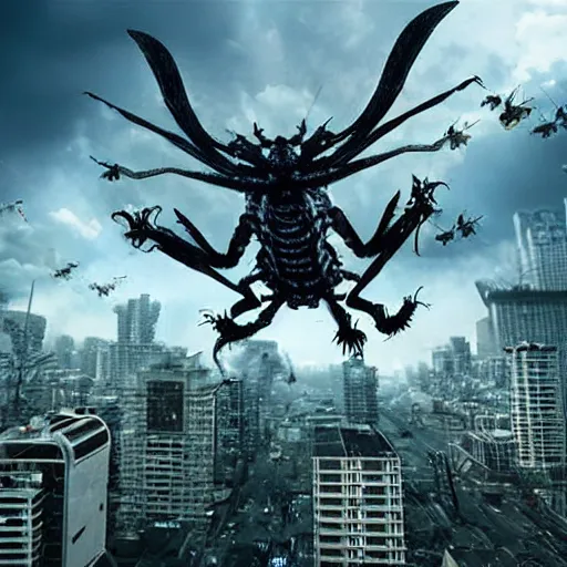 Image similar to giant insect kaiju with wings destroying a city, photo realistic, hyper realistic, extremely detailed