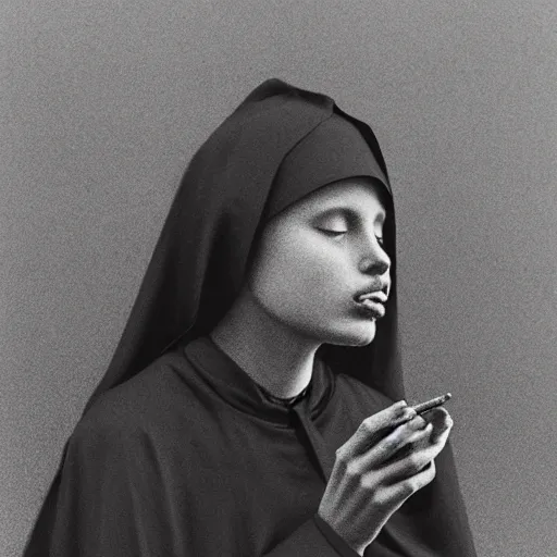 Image similar to a young black nun smoking and puffing lots of smoke, minimalistic background, by Beksinski