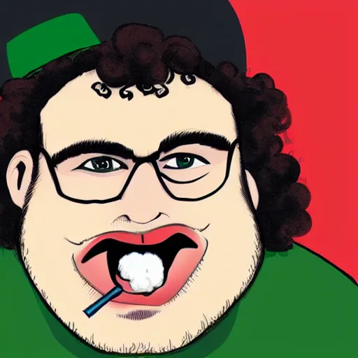 Image similar to caricature of seth rogan smoking weed