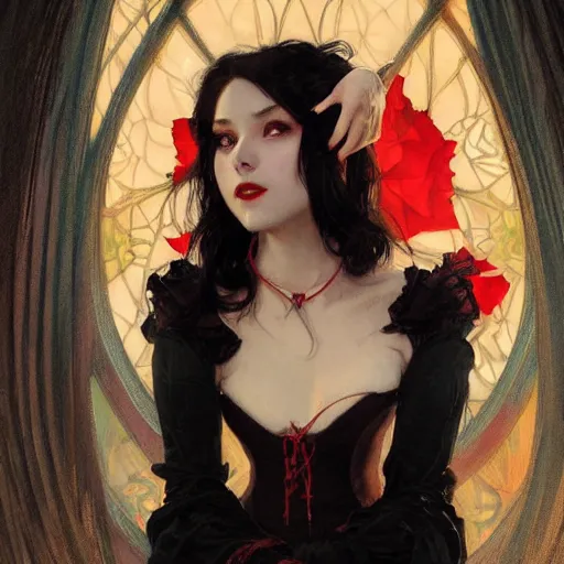 Image similar to portrait of a very beautiful vampire by Stanley Artgerm Lau , greg rutkowski, thomas kindkade, alphonse mucha, loish, norman rockwell, J. C. Leyendecker. dark black hair, pale skin, detailed eyes, red lips, crying tears of blood. Trending on artstation rule of thirds extremely detailed illustration hd 4k