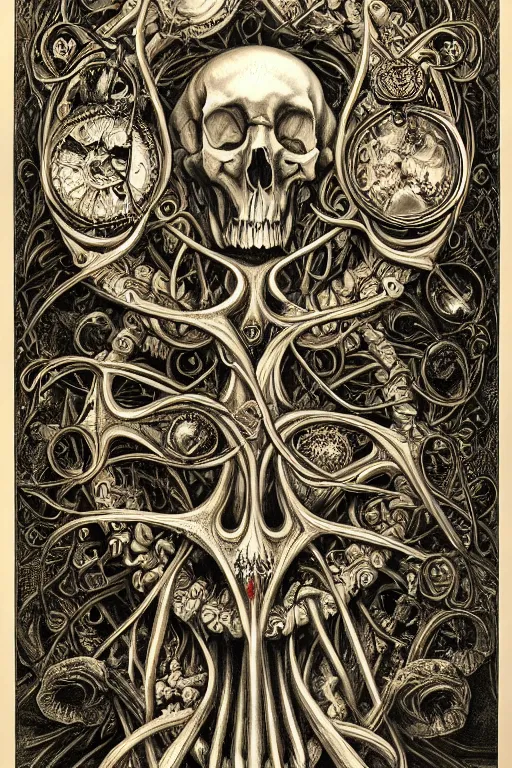 Prompt: detailed realistic memento mori lithograph by cameron gray and ernst haeckel, gothic ornament, skulls, bones, art nouveau, neogothic, ornate art nouveau botanicals, horizontal symmetry, polished