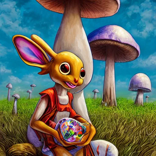 Image similar to 4 k headshot portrait of a psychedelic demonic anthropomorphic bunny rabbit with mushroom themed clothes, magic mushroom village in background by jeff easley, award winning, stylized neon, post - processing, masterpiece, superb resolution. in the art style of junji ito and greg rutkowski. detailed mushroom city in background. hyper realistic anime. perfect art. dalle 2