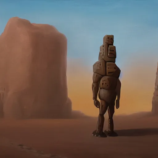 Prompt: panorama of giant stone golem carrying a city on its back walking through a desert, oil painting, by lois van baarle
