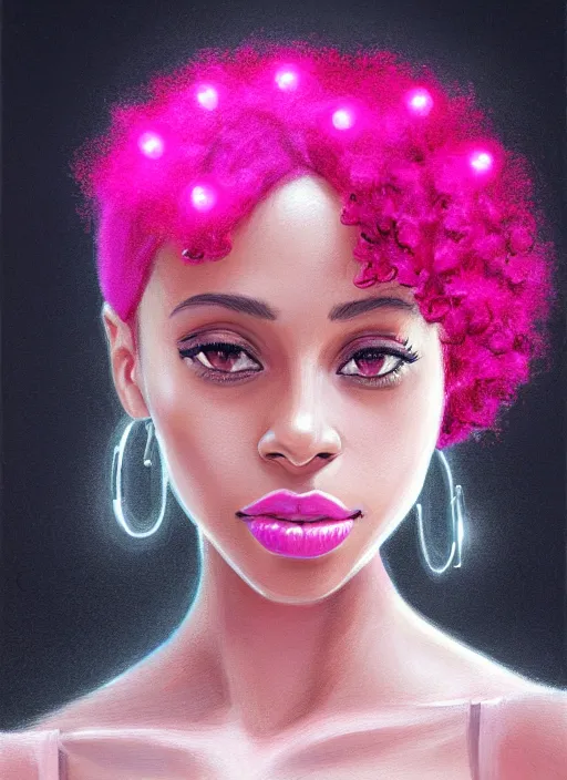 Image similar to portrait of young vanessa morgan with bright pink hair, black girl, vanessa morgan, curly pixie cut hair, wearing newsboy cap, newsboy cap, hoop earrings, intricate, elegant, glowing lights, highly detailed, digital painting, artstation, concept art, smooth, sharp focus, illustration, art by wlop, mars ravelo and greg rutkowski