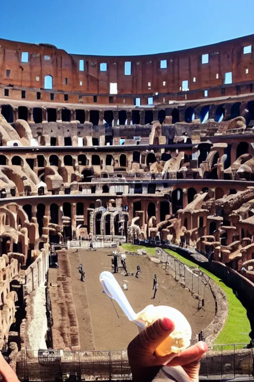 Image similar to a photo showing a huge ice cream atop of the colosseum