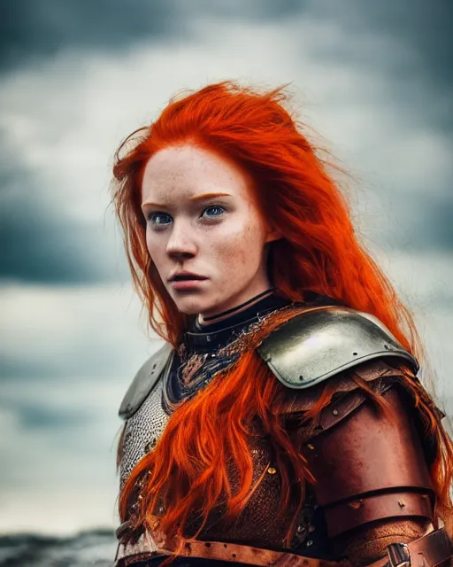 Image similar to north female warrior, red hair, ginger hair, long hair, fantasy, female Viking, high detailed, photography, cloudy, lightweight leather armour, Scandinavia, plain, detailed face, beautiful face, look into the distance, professional model, glowing skin, serious face, full body, professional photographer, masterpiece, 50 mm, 8k, 3D