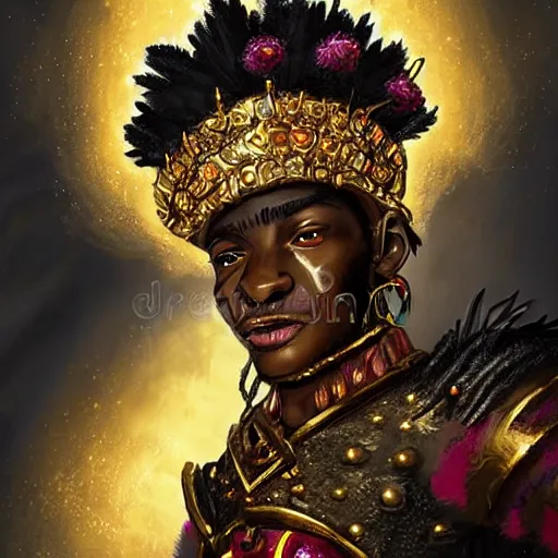 Image similar to a young black boy dressed like an african moorish warrior in gold armor and a crown with a ruby, posing with a very ornate glowing electric spear!!!!, in a thunderstorm, for honor character digital illustration portrait design, by android jones in a psychedelic fantasy style, dramatic lighting, hero pose, wide angle dynamic portrait