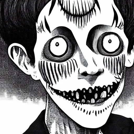 Image similar to smiling man, junji ito, creepy, unsettling,