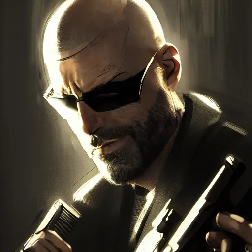 Image similar to bald Max Payne as Adam Jensen in Deus Ex, by Cedric Peyravernay, highly detailed, excellent composition, cinematic concept art, dramatic lighting, trending on ArtStation