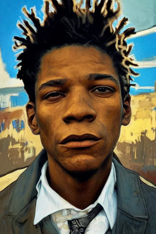 Prompt: portrait of Jean Michel Basquiat outside during golden hour, intricate, elegant, dramatic lighting, rugged face, highly detailed, lifelike, photorealistic, digital painting, artstation, illustration, concept art, smooth, sharp focus, art by John Collier and Albert Aublet and Krenz Cushart and Artem Demura and Alphonse Mucha