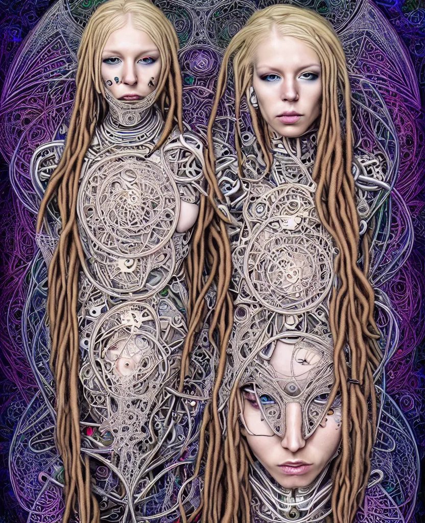 Prompt: full colour photographic beautiful biomechanical female blonde dreadlock cyborg, realistic skin, geometrical octagonal lace tattoos, alexander mcqueen, art nouveau fashion embroidered, futuristic android jones style steampunk, trippy lsd hippie, craftsmanship, intricate silver filigrees, hexagonal mesh wire, mandelbrot fractal spiral mandala, alex grey, giger, hyperreal, photorealistic